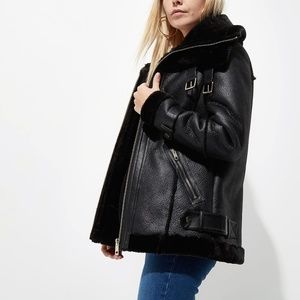 NWT Black Faux Leather Aviator Jacket